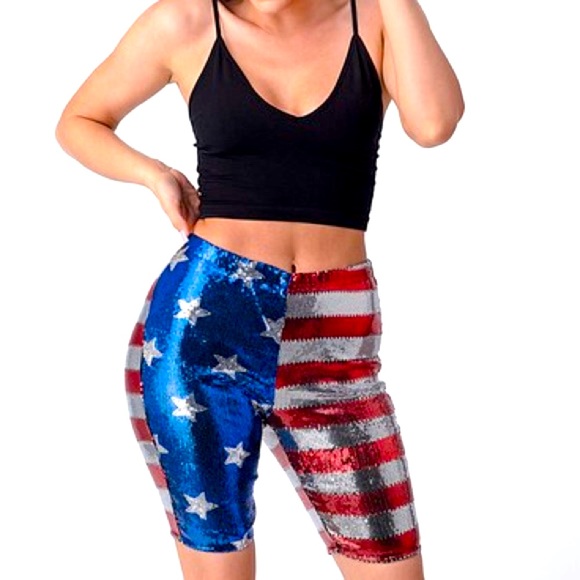 Restocked! 4th Of July “Red White Blue” Metallic Sequin Biker Shorts - Picture 5 of 5